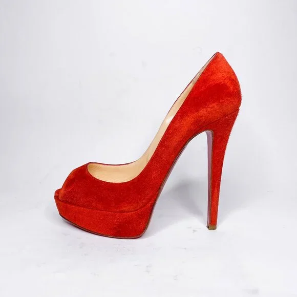 Christian Louboutin Fiery Red Peep-Toe Heels - Picture 1 of 10